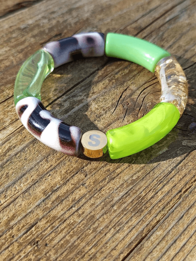 Bracelet jonc perles tubes acrylique léopard Indrani Sajag Patte