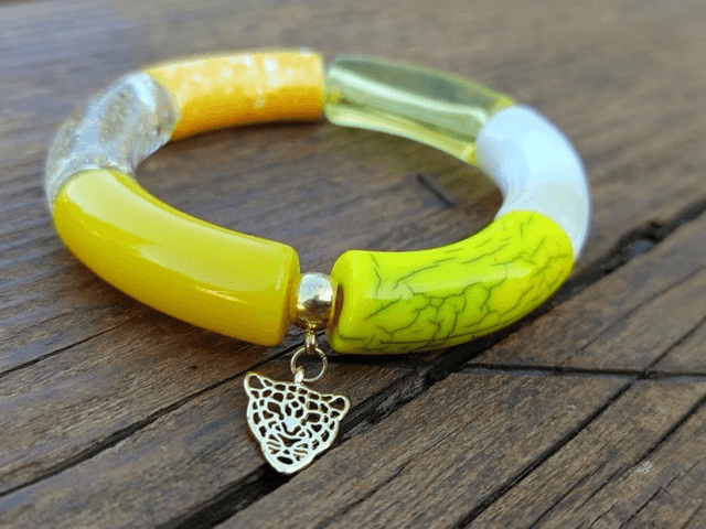 Bracelet jonc perles tubes incurvées Mohana Peela tête de léopard