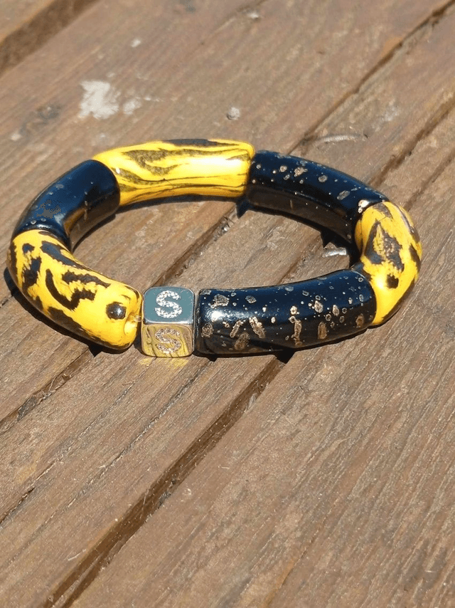 Bracelet jonc perles tubes acrylique léopard Indrani Jiraaph N°3