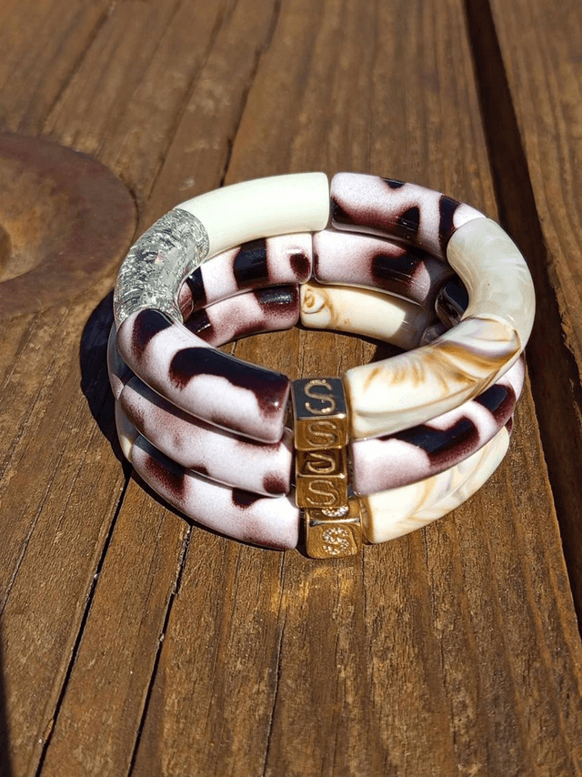 Trio de bracelet jonc perles tubes acrylique Saphed Baagh